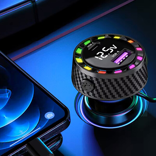 Mega Oto Market RGB Led Karbon Desenli Yaylı Kablolu 15W Araç Çakmaklık Şarj Cihazı - iPhone Type-C Çıkışlı FR-422