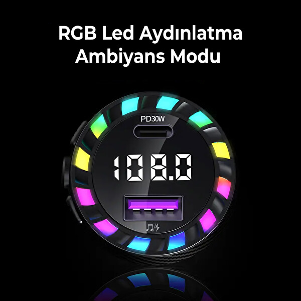 Mega Oto Market RGB Işıklı 5.3 Bluetoothlu 30W USB Type-C Hızlı Şarjlı Araç Kiti - MP3 Çalar, Eller Serbest Modlu