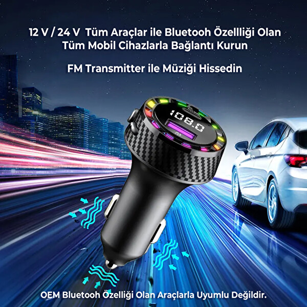 Mega Oto Market RGB Işıklı 5.3 Bluetoothlu 30W USB Type-C Hızlı Şarjlı Araç Kiti - MP3 Çalar, Eller Serbest Modlu