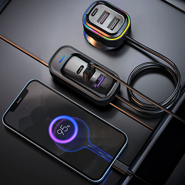 Mega Oto Market FR-424 36W PD Hızlı Şarj Destekli Çoklu USB & Type-C Çıkışlı Araç Şarj Cihazı - RGB Aydınlatmalı