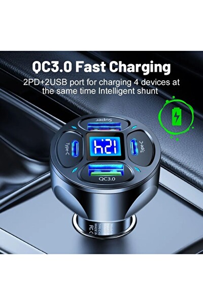 Zuidid LED Dijital Ekranlı 2 USB - 2 Type C Portlu Siyah Hızlı Araç Şarjı