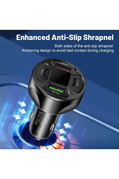 Zuidid LED Dijital Ekranlı 2 USB - 2 Type C Portlu Siyah Hızlı Araç Şarjı