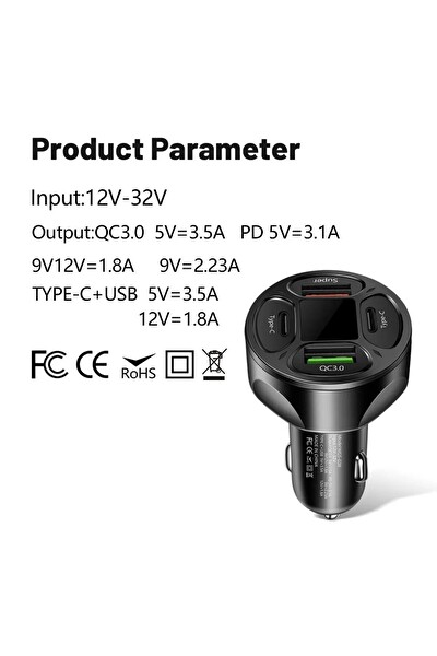Zuidid LED Dijital Ekranlı 2 USB - 2 Type C Portlu Siyah Hızlı Araç Şarjı