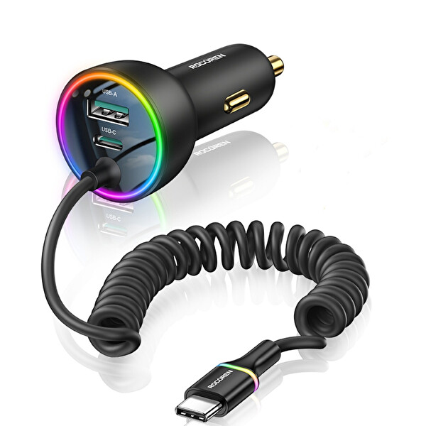 Rocoren 70W 3 Portlu 2xType-C 1xUSB-A Spiral Kablolu LED Işıklı Araç İçi Hızlı Şarj Cihazı