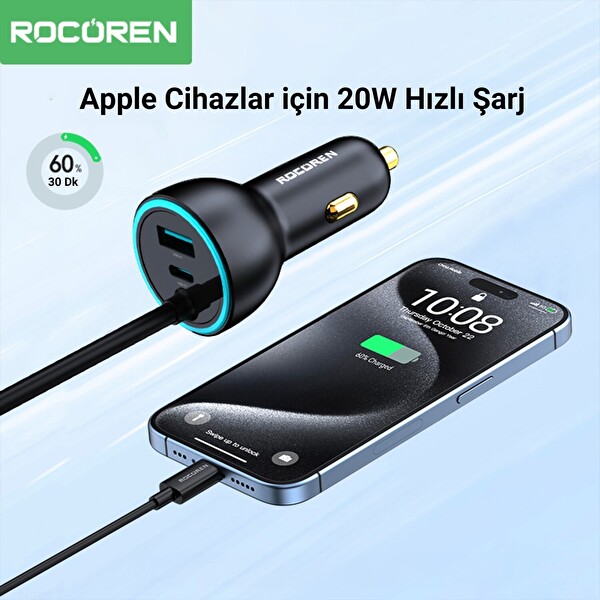 Rocoren 105W 6 Portlu Uzatma Kablolu 3xUSB-A 3xType-C Araç içi Hızlı Şarj Cihazı