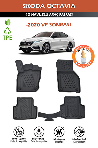 Pikas Skoda Octavia 2020 ve Sonrası Havuzlu 4D Siyah Paspas Takımı - Araç Kokusu