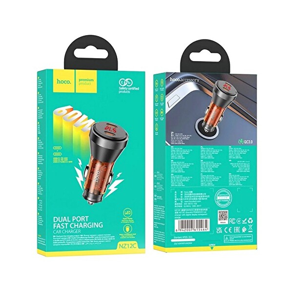 Hoco NZ12C Graceful PD60W 2 Type-C Girişli Araç Çakmaklı Hızlı Şarj Aleti