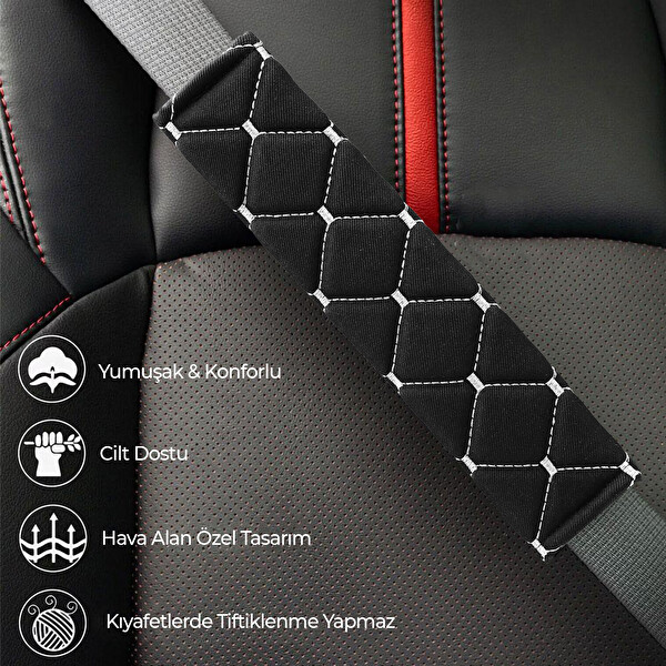 Mega Oto Market KMGD-01 Gri Baklava Desenli Yumuşak Siyah Kumaş Emniyet Kemer Kılıfı Çift Takım
