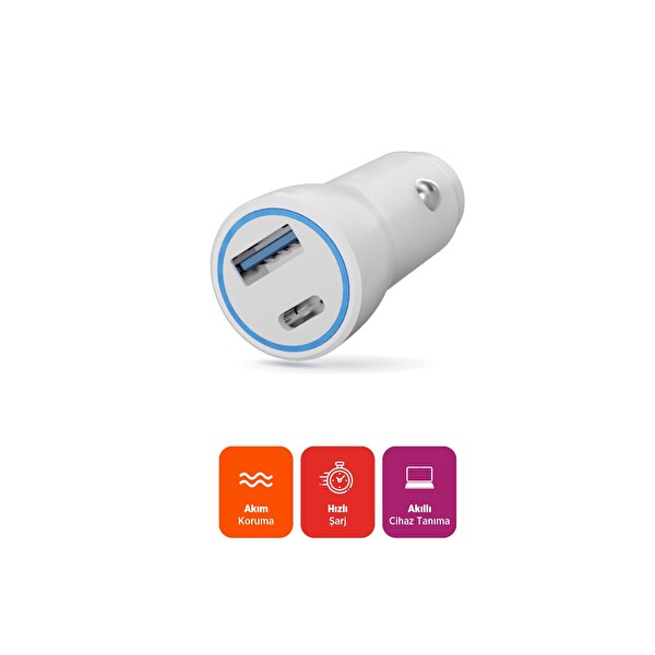 Polosmart PBS134 Hızlı 1 USB 1 PD Çıkışlı 20W Beyaz Araç İçi Şarj