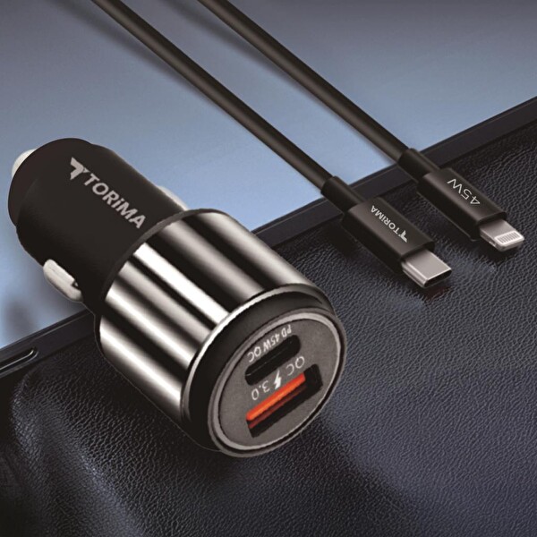 Torima C16 45W Silver Araç Şarj Cihazı Lightning Kablolu Hızlı Şarj Adaptörü