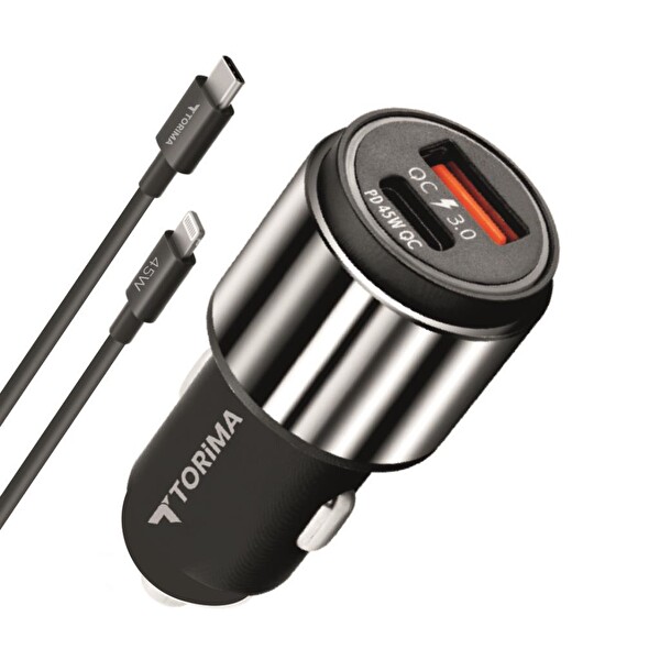 Torima C16 45W Silver Araç Şarj Cihazı Lightning Kablolu Hızlı Şarj Adaptörü