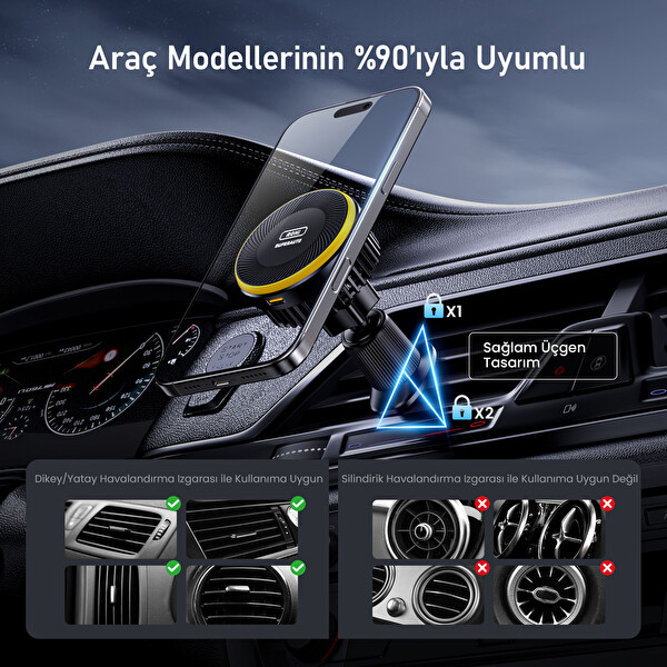 Aohi Superauto Magsafe Araç İçi Kendinden Soğutmalı Mıknatıslı Telefon Tutucu 15W Hızlı Şarj Aleti Siyah