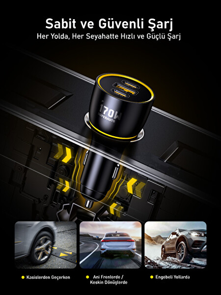 Aohi Superauto Araç İçi 3 Portlu PD 170W Type-C USB-A Girişli Hızlı Şarj Çakmaklık Adaptörü Siyah