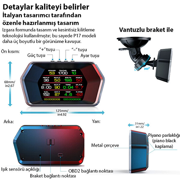 Ally P17 HUD OBD2 - GPS Çift Sistemli Araç Bilgisayarı Dijital Kilometre Su Yağ Sıcaklığı Hız Ölçer Ekran Siyah
