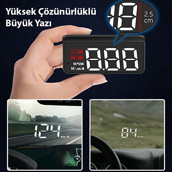 Ally M3 HUD OBD2 Head-Up Display Dijital Hız Göstergesi E-OBD ve GPS Destekli OBD Arayüzlü - Alarmlı Ön Cam Ekran Projektör Siyah