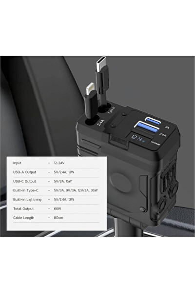 Zuidid 66 W 4 in 1 Led Göstergeli Type C - Lightning Kablolu Araç Hızlı Şarj Cihazı