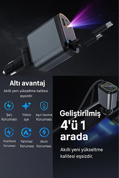 Zuidid ACC01 - 66 W 4 in 1 RGB Işıklı Tavan Aydınlatmalı Type-C Lightning Kablolu Araç İçi Hızlı Şarj