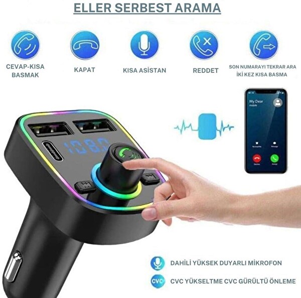 Cosmostech Car C2 Araç Fm Transmitter 5.3 Qc 3.1 Çift USB ve TYPE-C Mp3 Sd Kart Çakmaklık Girişli Bluetooth Araç Kiti Hızlı Şarj