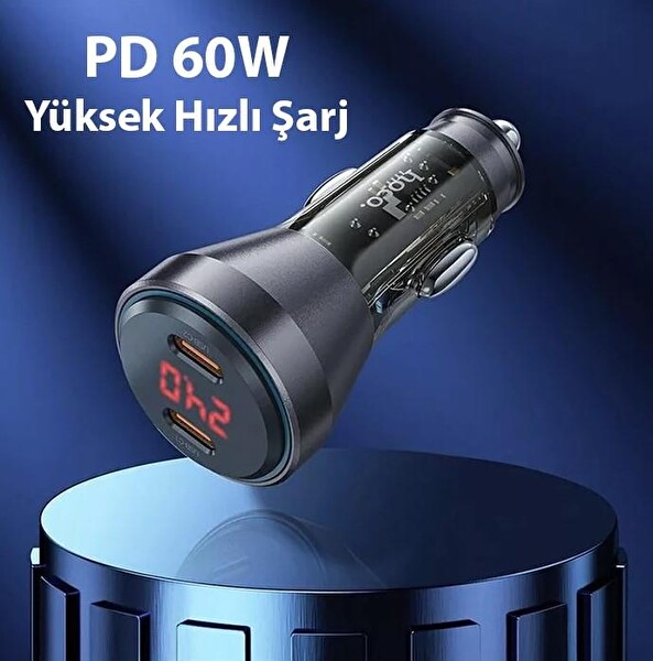 Hoco NZ12C Graceful PD60W 2 Type-C Girişli Araç İçi Çakmaklık Ve Araç İçi Şarj