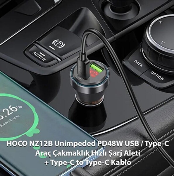 Hoco NZ12B Unimpeded PD48W USB - Type-C Araç Çakmaklı Hızlı Şarj Aleti - Type-C to Type-C Kablo Turuncu