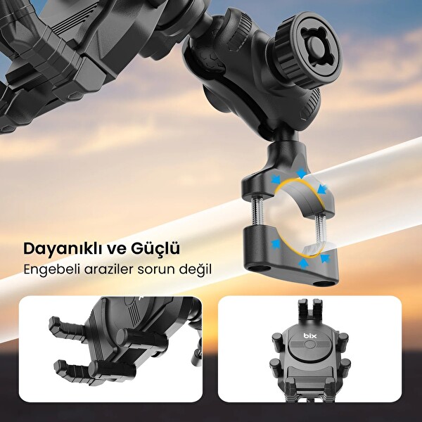 Bix BPH05 Gidon Bağlantılı Güneş ve Yağmur Korumalı 360° Ayarlanabilir Motosiklet Telefon Tutucu