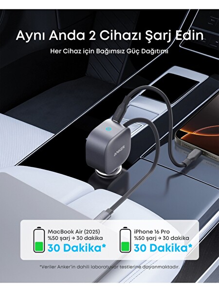 Anker A2738 NO.1 75W 8A 2 in 1 USB-C Cluetter Free Car Charger Built-İn Rerractable Araç Şarj Aleti