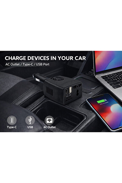 Başkenttekno 12V Araç İnvertörü 220V Priz Çevirici - USB - Type-C 150 W
