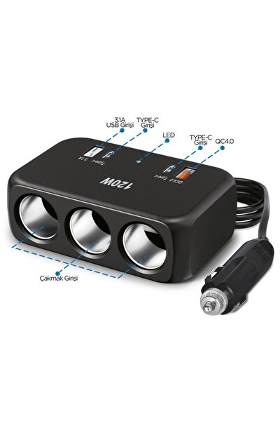 Başkenttekno G18 120W Çoklu Çıkışlı Araç Şarj Cihazı 2xType-C USB Çakmaklık Girişli