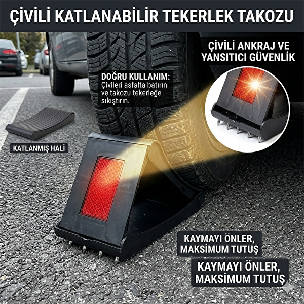 Mega Oto Market Katlanabilir Teker Takozu Kaydırmaz Araç Sabitleme Rampası Reflektörlü 1 Adet