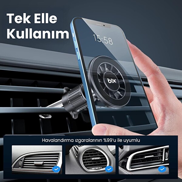 Bix BXCH13 360 Derece Metal Kancalı Manyetik Havalandırma Izgarası Araç İçi Telefon Tutucu