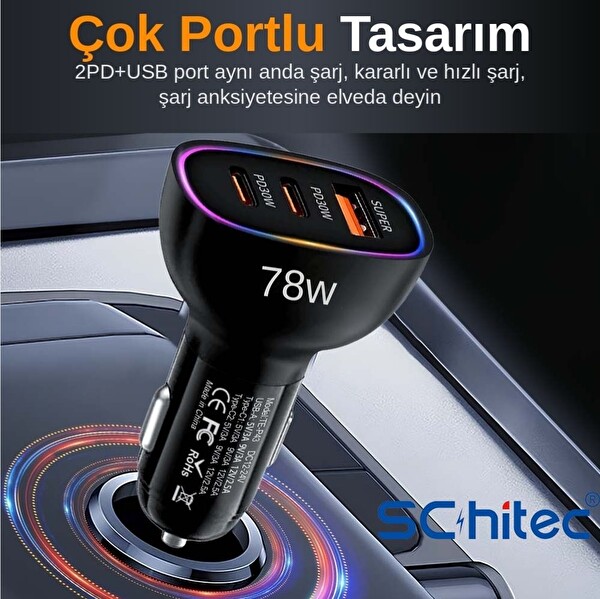 Schitec HG/CC-10 78W 3 Portlu Çift Type-C PD 30W - USB QC 3.0 Hızlı Şarj RGB Işıklı Araç Şarj Aleti