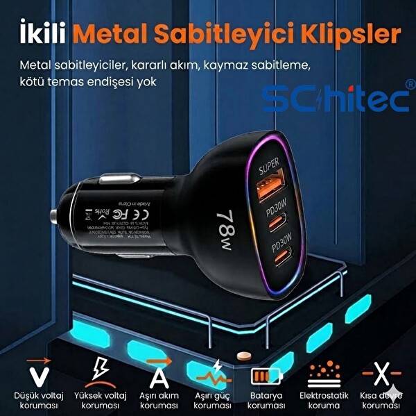 Schitec HG/CC-10 78W 3 Portlu Çift Type-C PD 30W - USB QC 3.0 Hızlı Şarj RGB Işıklı Araç Şarj Aleti