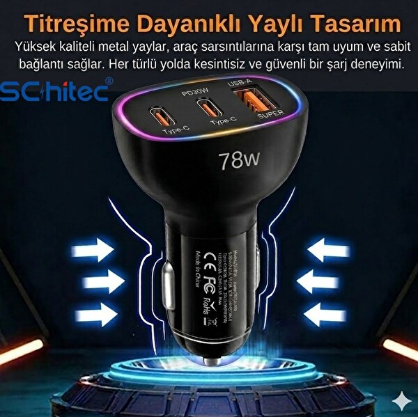 Schitec HG/CC-10 78W 3 Portlu Çift Type-C PD 30W - USB QC 3.0 Hızlı Şarj RGB Işıklı Araç Şarj Aleti