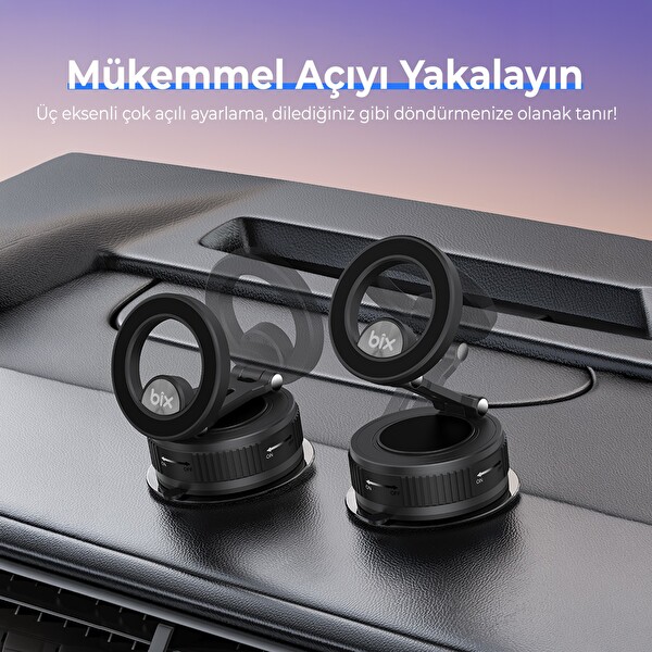 Bix BXCH12 360 Derece Dönebilen Vakumlu Manyetik Mıknatıslı Araç içi Telefon Tutucu Siyah