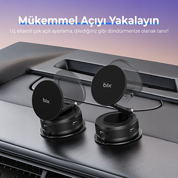 Bix BXCH11 360 Derece Dönebilen Vakumlu Manyetik Mıknatıslı Araç içi Telefon Tutucu Siyah