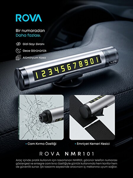 Rova NMR101 Araç İçi Park Telefon Numaratörü - Cam Kırıcı ve Emniyet Kemeri Kesicili