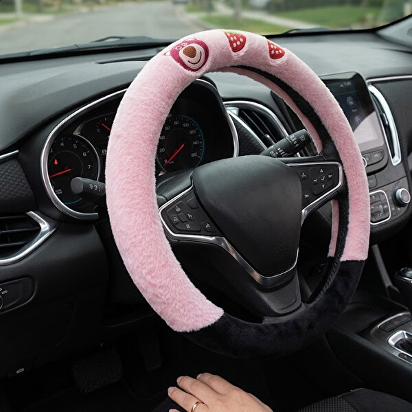 Mega Oto Market Universal Peluş Direksiyon Kılıfı Ayıcıklı Pembe Siyah Kaymaz Yumuşak 37-38 CM