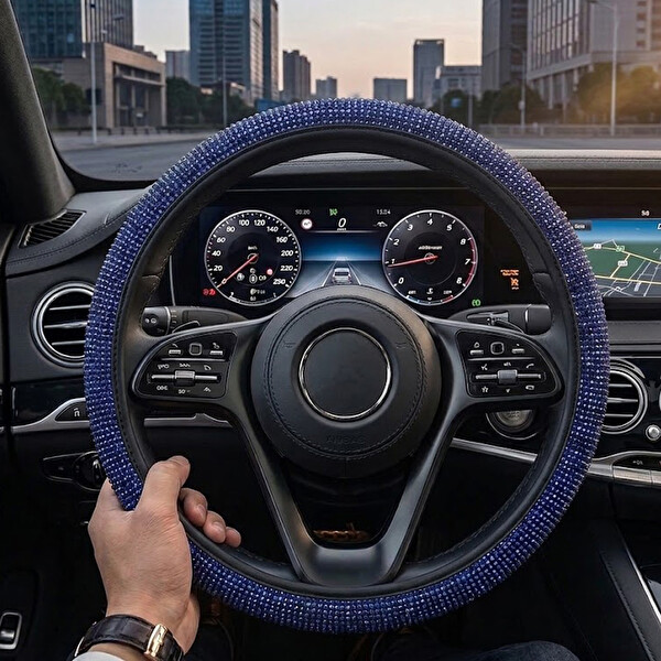 Mega Oto Market Universal Mavi Kristal Taş İşlemeli Direksiyon Kılıfı Kaymaz 37-38 CM
