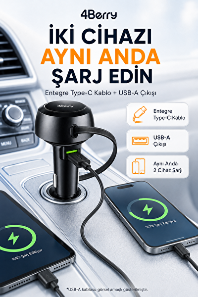 4Berry 48W Süper Hızlı Şarj Destekli Geri Çekilebilir Kablolu Araç Şarj Cihazı