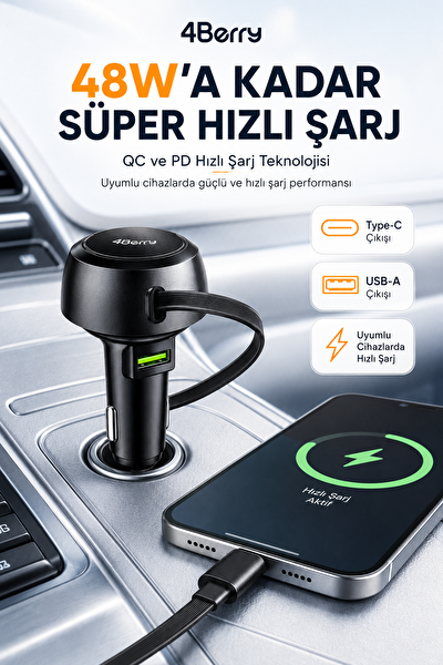 4Berry 48W Süper Hızlı Şarj Destekli Geri Çekilebilir Kablolu Araç Şarj Cihazı