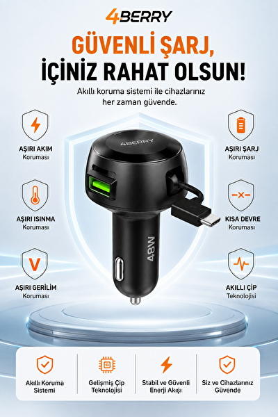 4Berry 48W Süper Hızlı Şarj Destekli Geri Çekilebilir Kablolu Araç Şarj Cihazı
