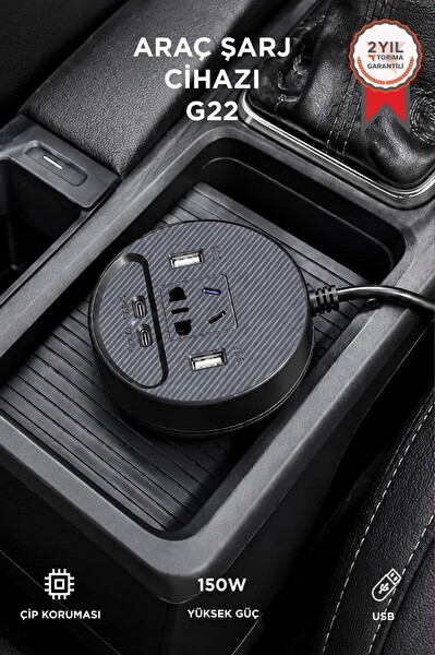 Torima G22 Araç Şarj Aleti Çakmaklık İnvertör - Şarj Cihazı 220V Priz+USB - Type-C Araba Çakmaklık Siyah