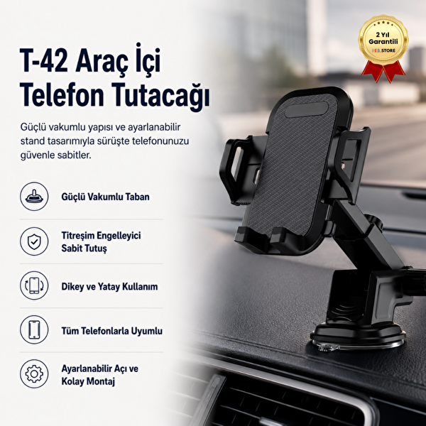 Hzl Store T-42 Telefon Tutacağı Araç İçi Telefon Tutacağı Vakumlu Sabit Stand Güçlü Tutuculu Kayıp Önleyici Aparat Tutucu