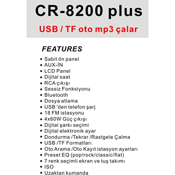 Carway CR-8200 Plus Oto MP3 Çalar