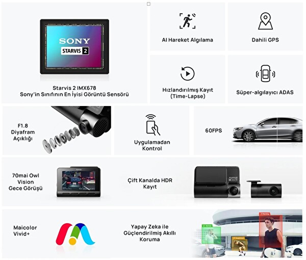 70Mai A810 - RC12 Ön ve Arka Araç İçi Kamera Seti