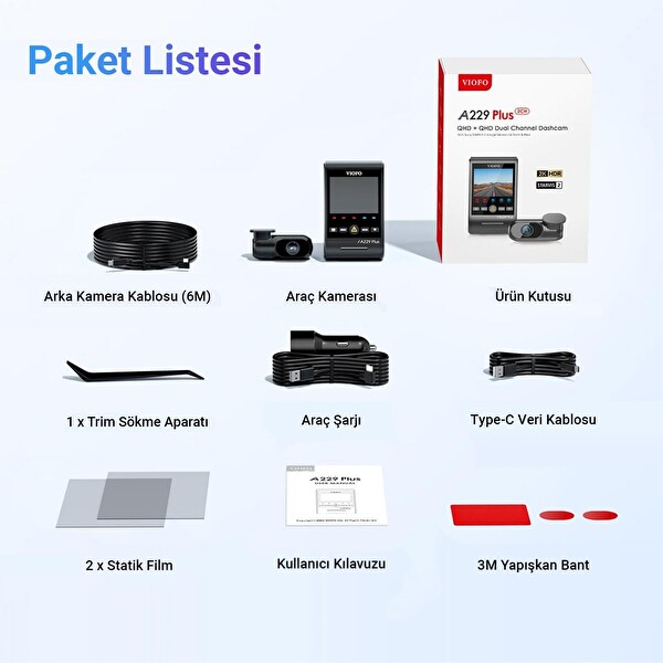 Viofo A229 Plus 2 Kameralı Ö-Arka 2K+2K HDR Sony Starvis 2 Sensörlü Wi-Fi GPS'li Araç Kamerası