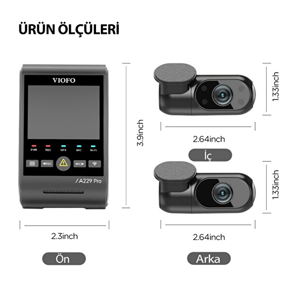 Viofo A229 Pro 3 Kameralı Ön İç Arka 4K-2K-1080p HDR Sony Starvis 2 Wi-Fi GPS’li Araç Kamerası