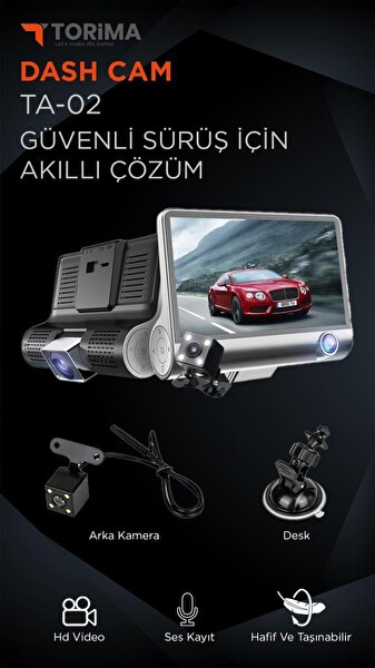 Torima TA-02 1080p Araç İçi 3 Kameralı Gece Görüşlü G-Sensör Geri Görüş Kameralı Yol Kayıt Siyah Araç Kamerası