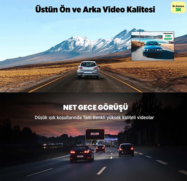 360+ Botslab G500H Pro ADAS Ön 3K QHD -Arka 1080P FHD 150° Geniş Açı WiFi+GPS Araç İçi Kamera +Park Modu Kiti