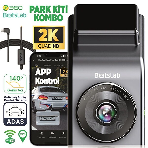 360+
										 Botslab G300H Pro 2K QHD ADAS Wifi+GPS 140° Geniş Açı Gece Görüşlü Araç İçi Kamera - Park Modu Kiti Combo